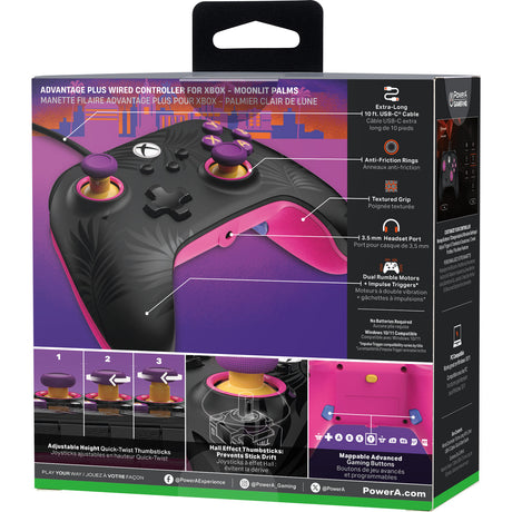Controlador con cable Powera Advantage Plus para Xbox Series X|s: palmeras a la luz de la luna (rosa, Xbox Series X|s, Xbox One, PC)