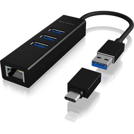 Icy box ib-hub1419-lan concentrador USB (negro, 3x USB-A 3.2 (5 Gbit s), 1x LAN)