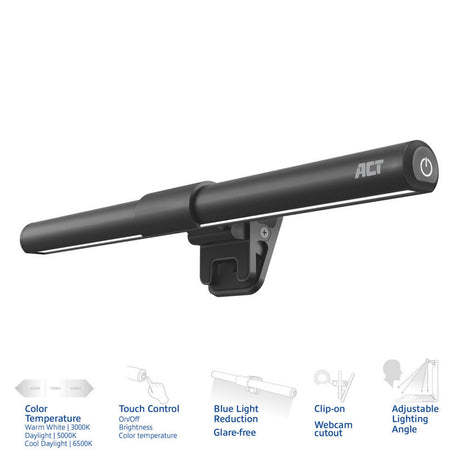 Barra de luz LED para computadora portátil con clip regulable Act Connectivity (negro, alimentación por USB, 3000k-6500k)