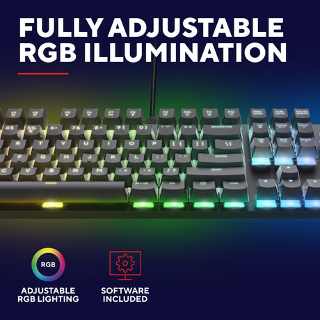 Trust GXT 871 Zora teclado mecánico para juegos (negro, distribución estadounidense (QWERTY), Huano Red, 100%, RGB)
