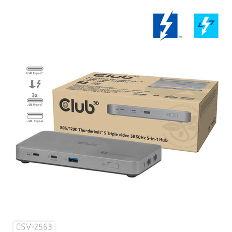 Estación de acoplamiento de vídeo triple Club 3D 5-1 Thunderbolt 5 Hub (gris)