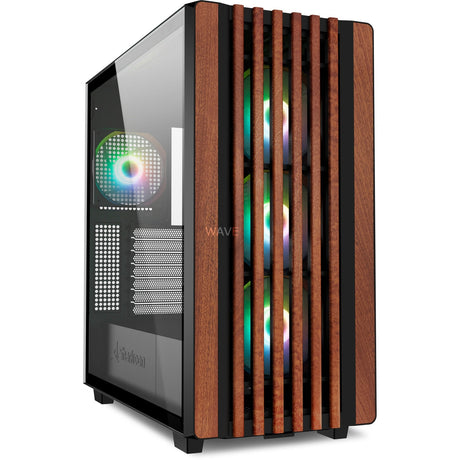 Carcasa midi tower Sharkoon rebel c70g rgb (color madera negro | 2x usb-a | 1x usb-c | rgb | vidrio templado)