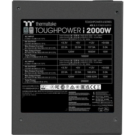 Fuente de alimentación modular Thermaltake Toughpower i de 2000 vatios (negro, 4x 12v-2x6, 8x pcie)