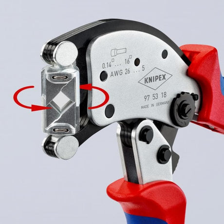 Knipex twistor 16 alicates de engarzar autoajustables para punteras (rojo azul, con cabezal de engarzar giratorio)