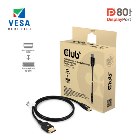 Club 3D Adaptador bidireccional Mini DisplayPort a DisplayPort DP80 (Negro, 1 metro, Certificado Vesa)