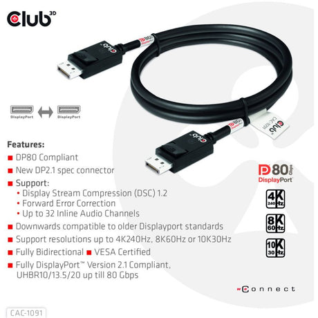Cable Club 3D DisplayPort 2.1 Vesa DP80 Certificado Macho-Macho (Negro, 1,2 Metros, 4K 240Hz, 8K 60Hz, 80Gbps)