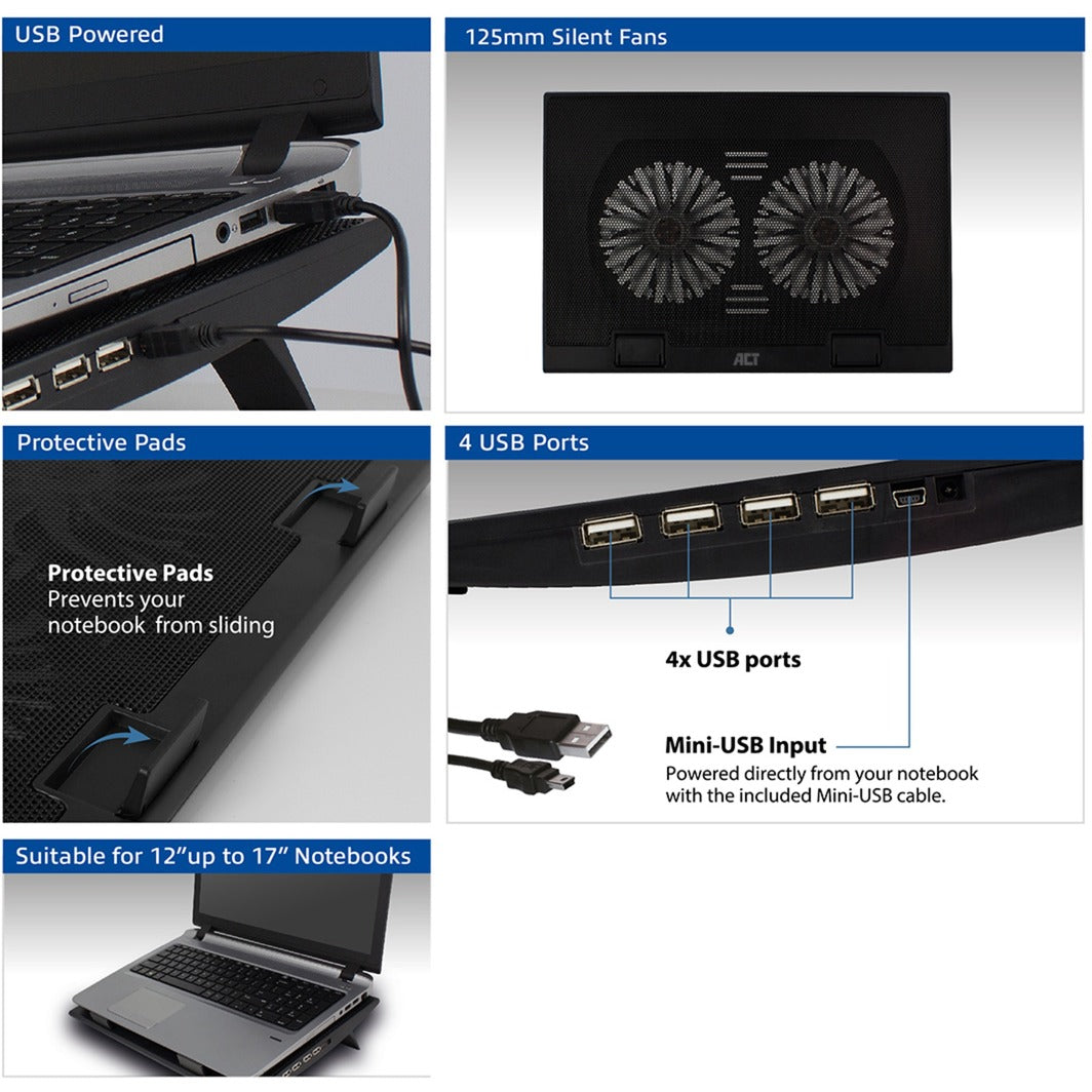 Soporte para computadora portátil Act Connect, con ventilador, altura ajustable en 2 posiciones (negro, concentrador USB 2.0 de 4 puertos)