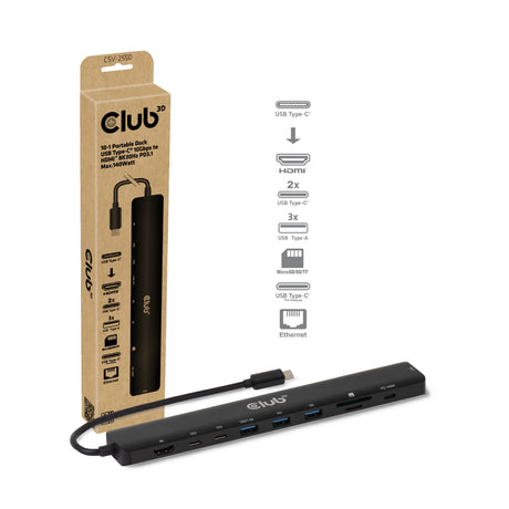 Club 3d 10-1 base portátil usb tipo c 10gbps a hdmi 8k30hz pd3.1 max.estación de acoplamiento de 140 vatios (negro, hdmi, usb-c, lan)