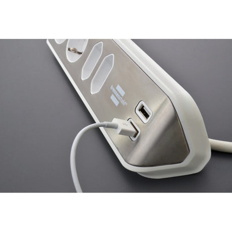 Brennerstuhl ®estilo regleta de caja de conexión de esquina con función de carga USB 4 vías 2x enchufes protectores 2x euro plata blanco