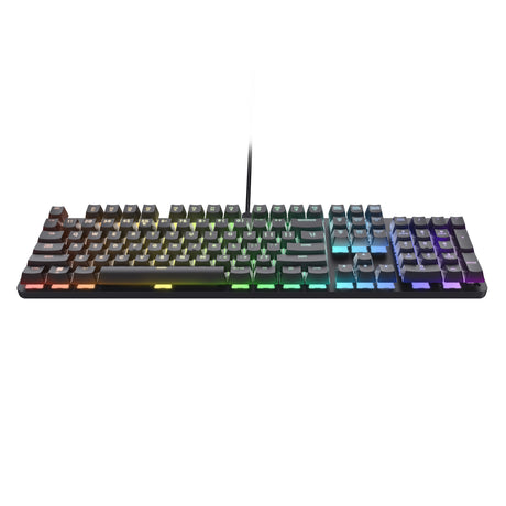 Trust GXT 871 Zora teclado mecánico para juegos (negro, distribución estadounidense (QWERTY), Huano Red, 100%, RGB)
