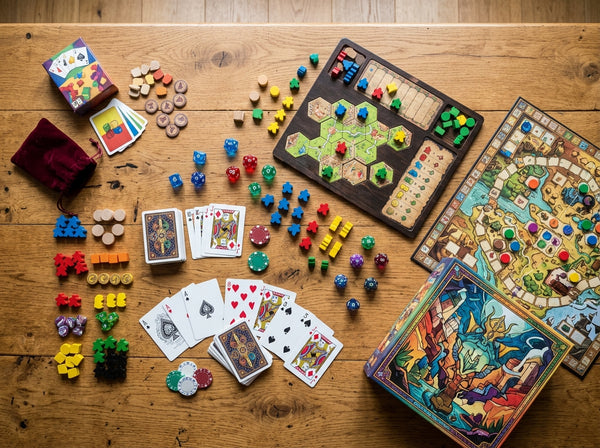 Bordspellen en kaartspellen op een tafel