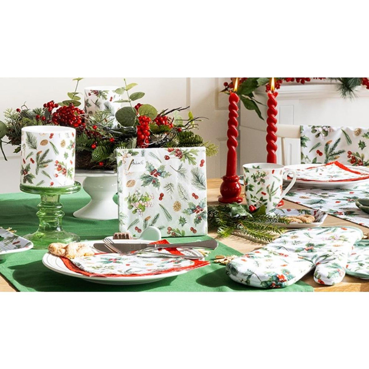 Ambiente guante de horno invierno verde 18x30cm algodón blanco