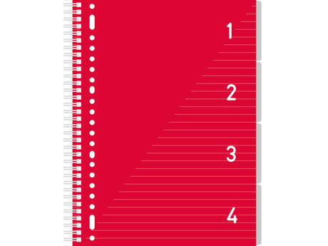Bloc de notas Kangaro 4 en 1 A4, forrado rojo y con pestañas