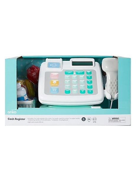 Sistema de escáner de caja registradora Playgo con dinero y artículos falsos.