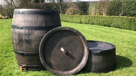 Roto Products barril de lluvia aspecto madera marrón más grifo 240l