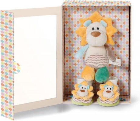 León de tela Van der Doelen Nici con zapatitos de bebé en caja de regalo