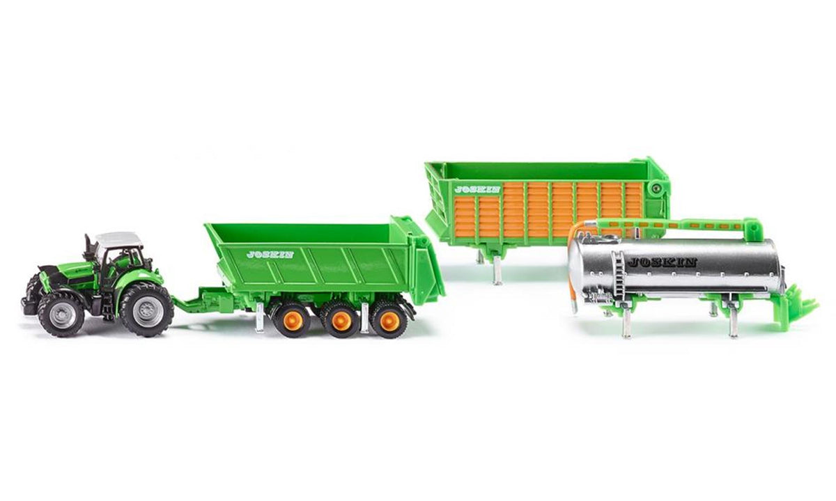 Siku 1848, tractor deutz agrotron x720 con juego de colgadores de carga joskin, escala 1:87, metal plástico