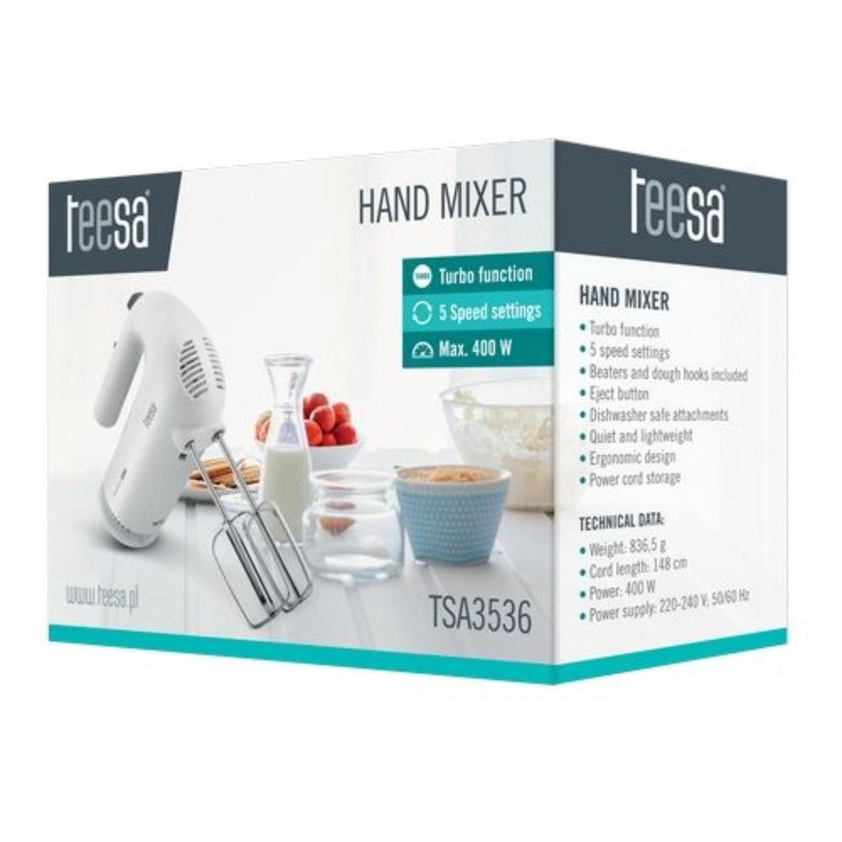 Batidora de mano Teesa 400w 5 velocidades y función turbo blanca